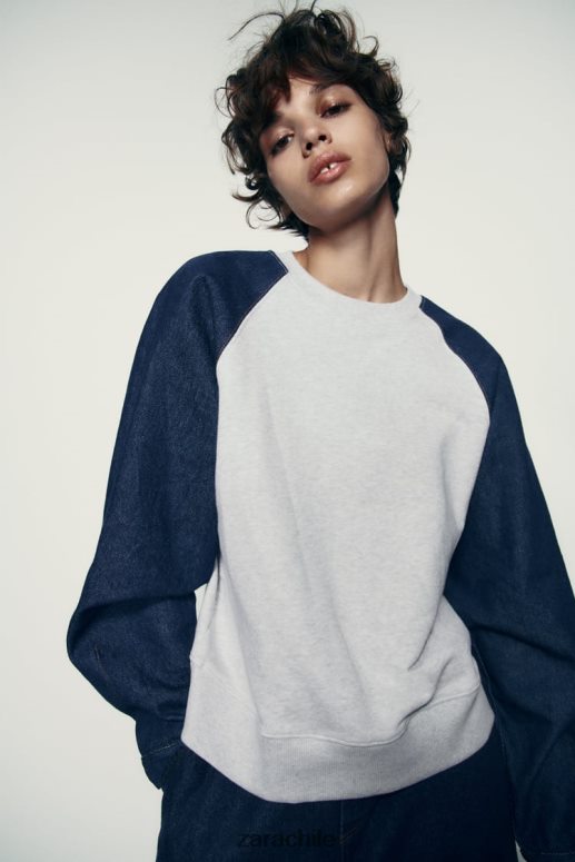 ropa cl Zara mujer sudadera combinada de mezclilla gris/azul JJ06N4917