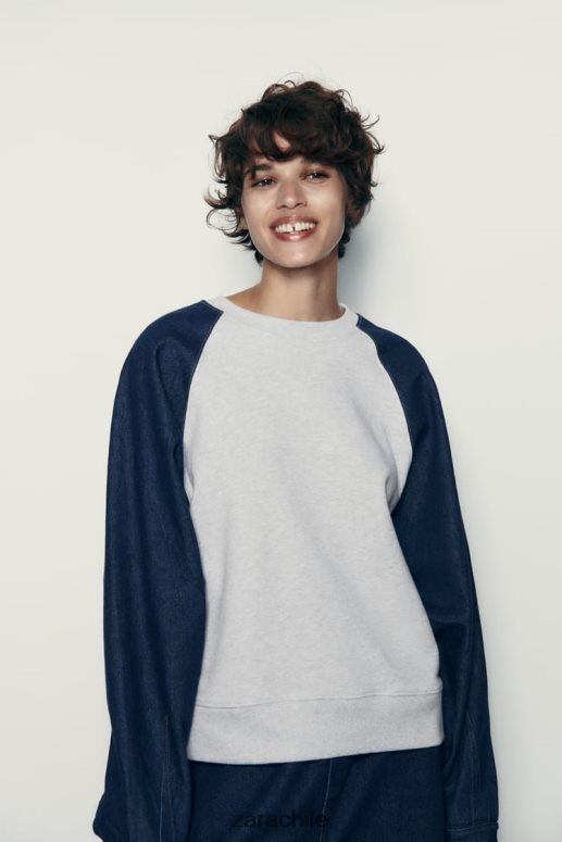 ropa cl Zara mujer sudadera combinada de mezclilla gris/azul JJ06N4917