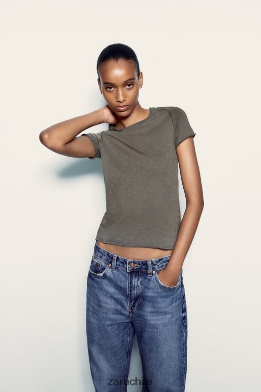 ropa cl Zara mujer camiseta de algodón con costuras antracita oscura JJ06N4942