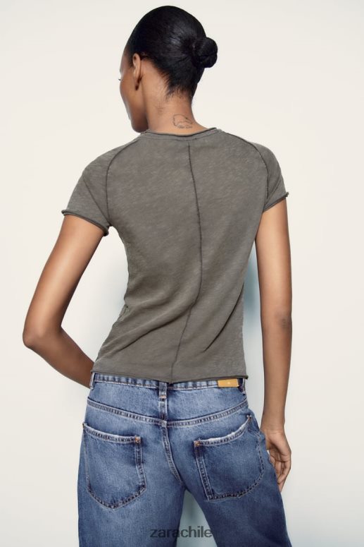 ropa cl Zara mujer camiseta de algodón con costuras antracita oscura JJ06N4942