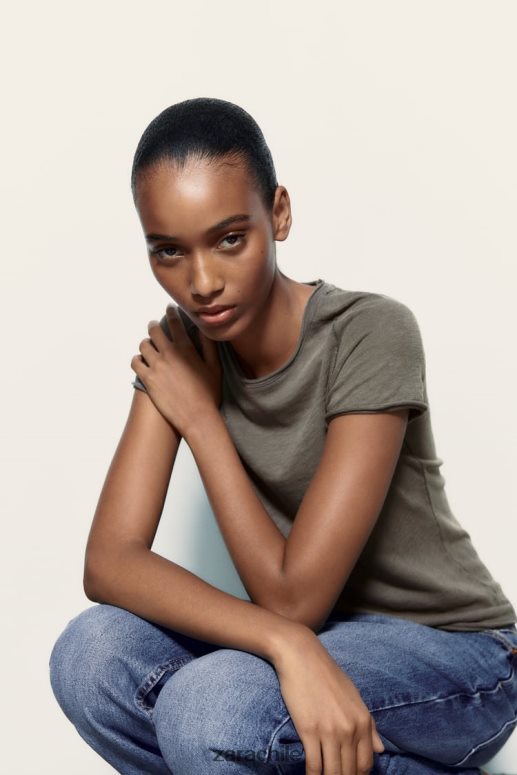 ropa cl Zara mujer camiseta de algodón con costuras antracita oscura JJ06N4942