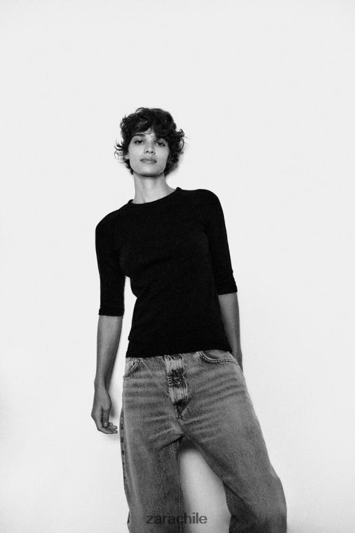 ropa cl Zara mujer camiseta de algodón flameado pesado negro JJ06N4943