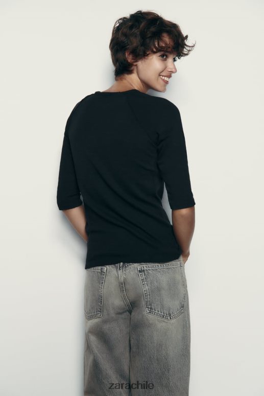 ropa cl Zara mujer camiseta de algodón flameado pesado negro JJ06N4943