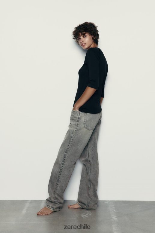 ropa cl Zara mujer camiseta de algodón flameado pesado negro JJ06N4943