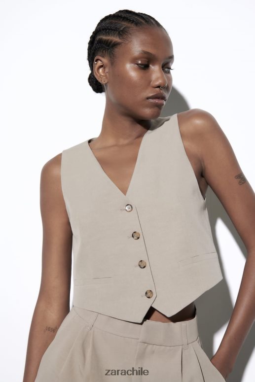 ropa cl Zara mujer chaleco de mezcla de lino gris topo JJ06N4899