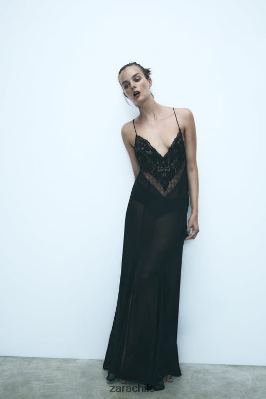 ropa cl Zara mujer vestido de georgette con ribete de guipur negro JJ06N4236