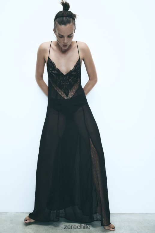 ropa cl Zara mujer vestido de georgette con ribete de guipur negro JJ06N4236