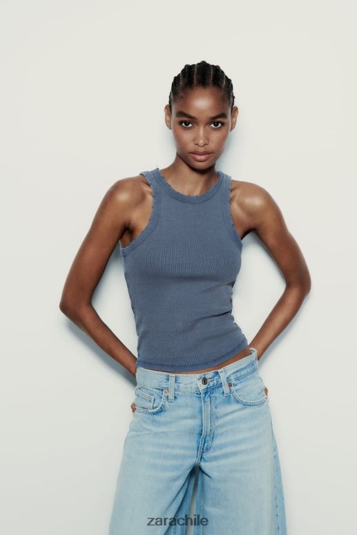 ropa cl Zara mujer camiseta sin mangas de canalé lavada azul JJ06N4274