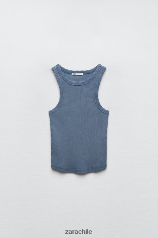 ropa cl Zara mujer camiseta sin mangas de canalé lavada azul JJ06N4274