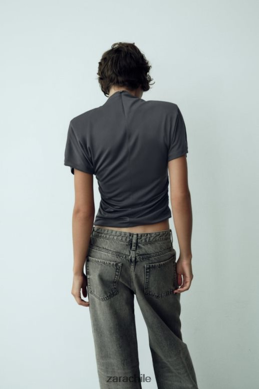 ropa cl Zara mujer top fruncido lateral gris antracita JJ06N4258