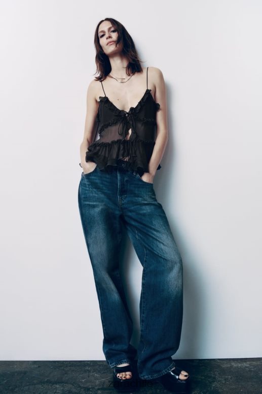 ropa cl Zara mujer top semitransparente con volantes gris antracita JJ06N4271