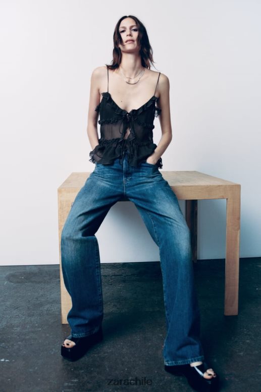 ropa cl Zara mujer top semitransparente con volantes gris antracita JJ06N4271