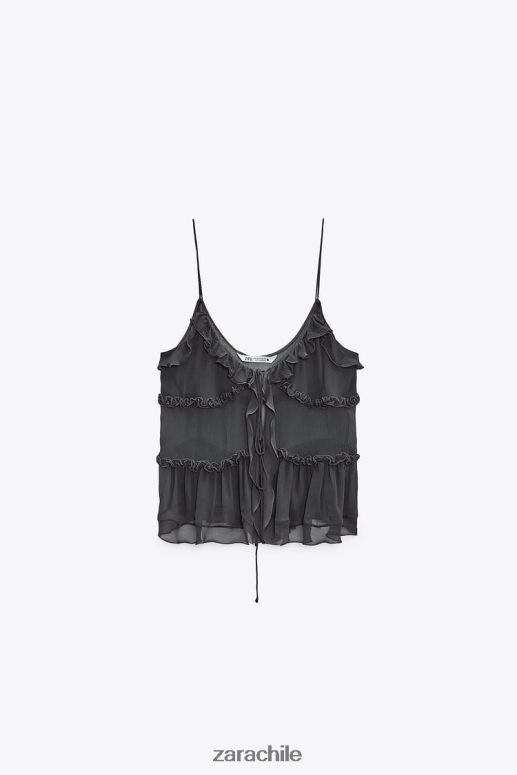 ropa cl Zara mujer top semitransparente con volantes gris antracita JJ06N4271