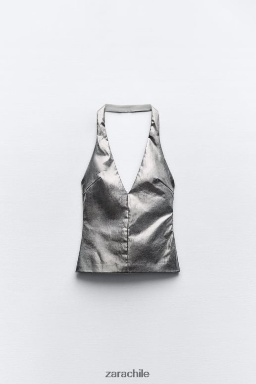 ropa cl Zara mujer top sin mangas metalizado acero JJ06N4266