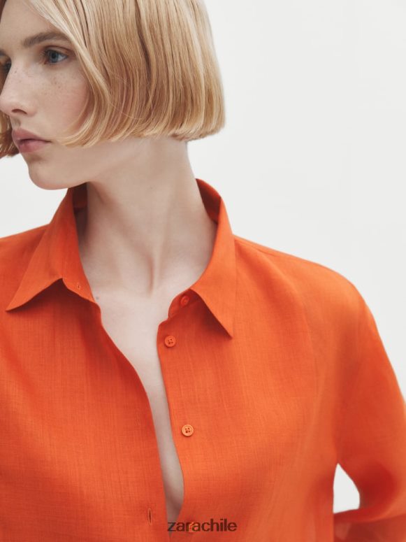 ropa cl Zara mujer Camisa 100% ramio con detalle en el pecho naranja JJ06N4862