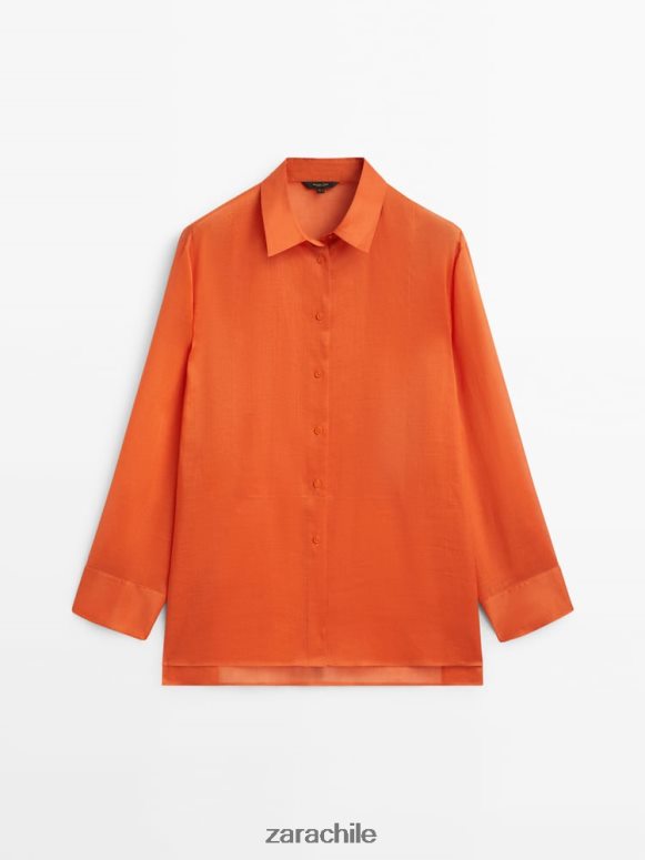 ropa cl Zara mujer Camisa 100% ramio con detalle en el pecho naranja JJ06N4862