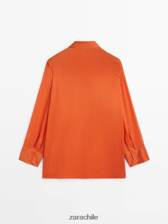 ropa cl Zara mujer Camisa 100% ramio con detalle en el pecho naranja JJ06N4862