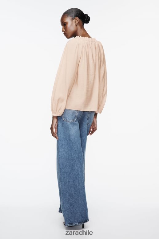 ropa cl Zara mujer blusa con cuello con volantes beige/rosa JJ06N4373