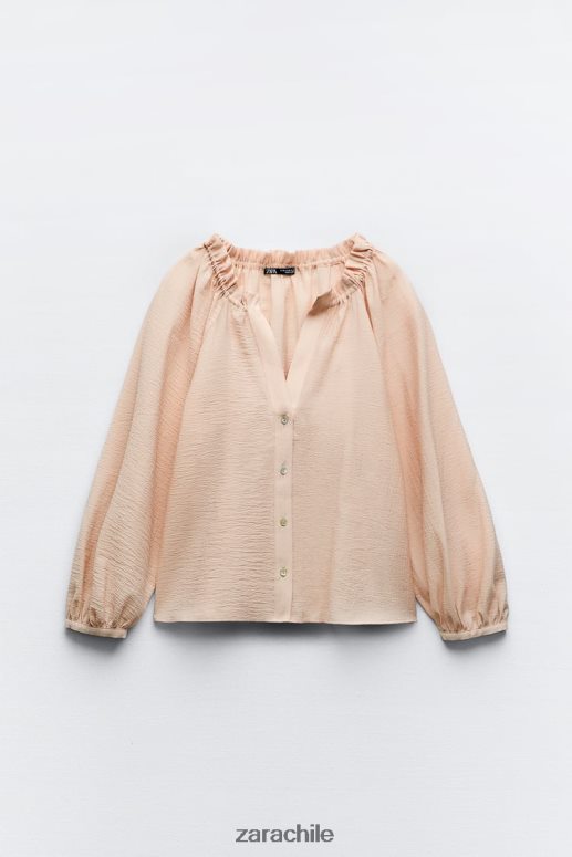 ropa cl Zara mujer blusa con cuello con volantes beige/rosa JJ06N4373