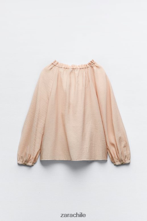 ropa cl Zara mujer blusa con cuello con volantes beige/rosa JJ06N4373