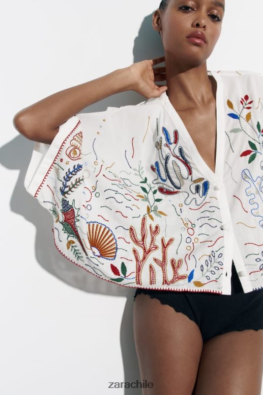 ropa cl Zara mujer blusa de algodón bordada ostra blanca JJ06N4400
