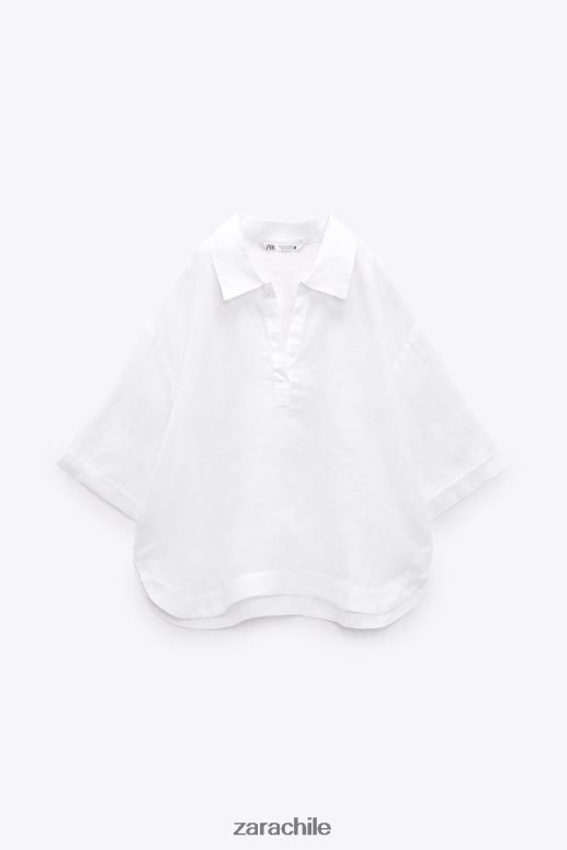 ropa cl Zara mujer blusa de lino con cuello tipo polo ostra blanca JJ06N4346