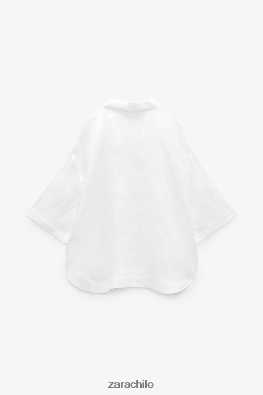 ropa cl Zara mujer blusa de lino con cuello tipo polo ostra blanca JJ06N4346