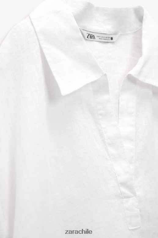 ropa cl Zara mujer blusa de lino con cuello tipo polo ostra blanca JJ06N4346