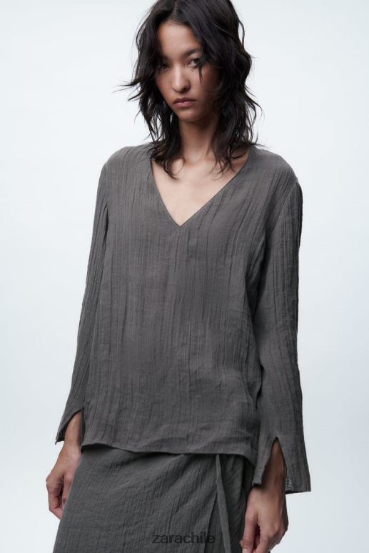ropa cl Zara mujer blusa de lino gris JJ06N4429