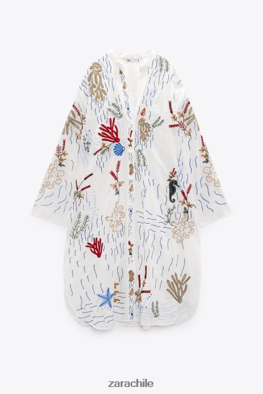 ropa cl Zara mujer blusa larga bordada ostra blanca JJ06N4362