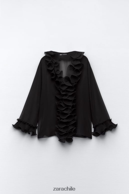 ropa cl Zara mujer blusa semitransparente con volantes plisados negro JJ06N4337