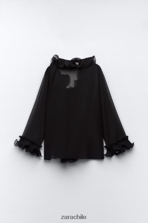 ropa cl Zara mujer blusa semitransparente con volantes plisados negro JJ06N4337