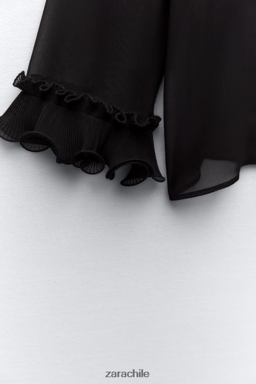ropa cl Zara mujer blusa semitransparente con volantes plisados negro JJ06N4337