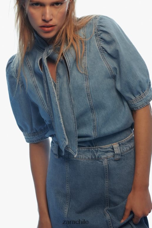 ropa cl Zara mujer blusa vaquera con lazos z1975 azul medio JJ06N4366