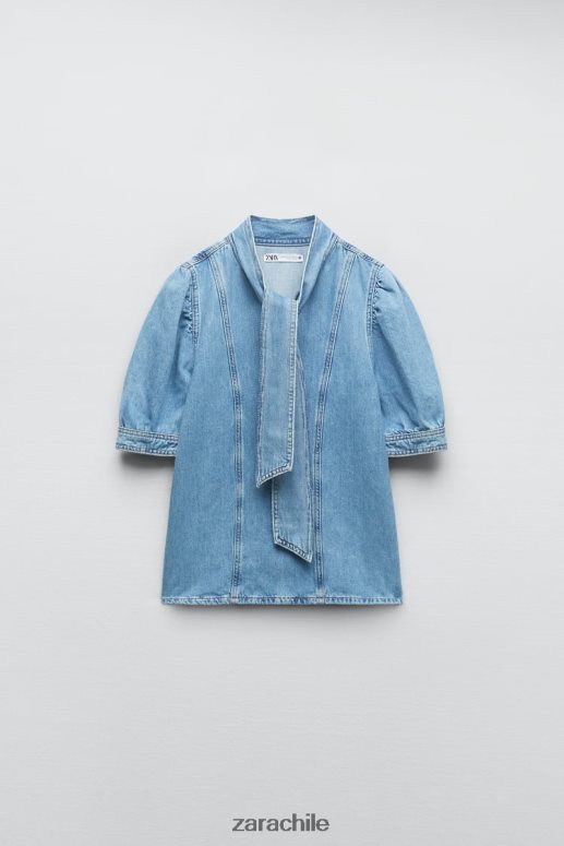 ropa cl Zara mujer blusa vaquera con lazos z1975 azul medio JJ06N4366