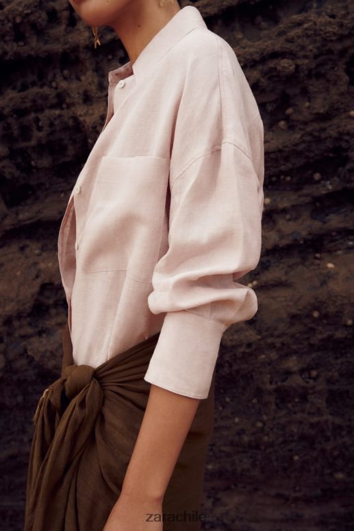 ropa cl Zara mujer camisa 100% lino beige/rosa JJ06N4365