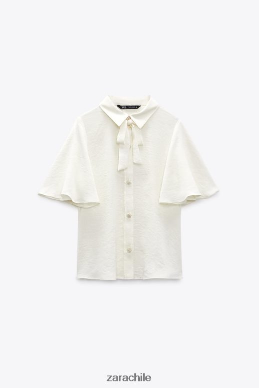 ropa cl Zara mujer camisa con cuello con lazo y botones de perlas crudo JJ06N4381