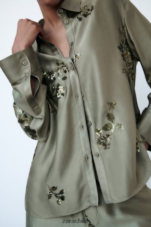 ropa cl Zara mujer camisa con efecto satinado de lentejuelas verde salvia JJ06N4317