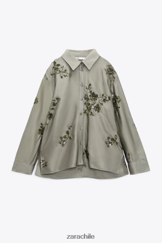 ropa cl Zara mujer camisa con efecto satinado de lentejuelas verde salvia JJ06N4317
