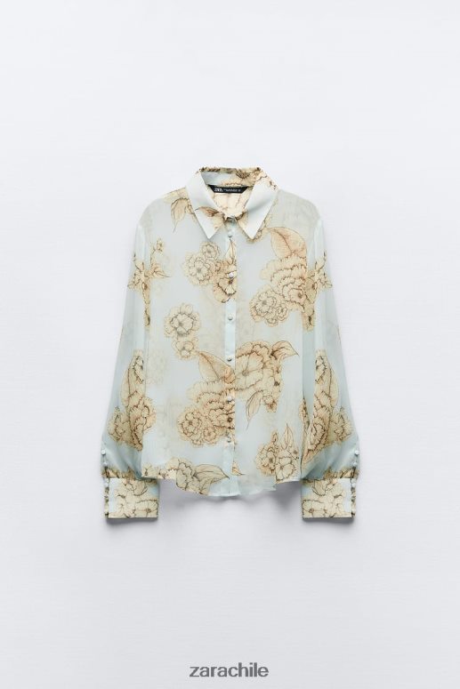 ropa cl Zara mujer camisa con estampado floral arena/azul JJ06N4419