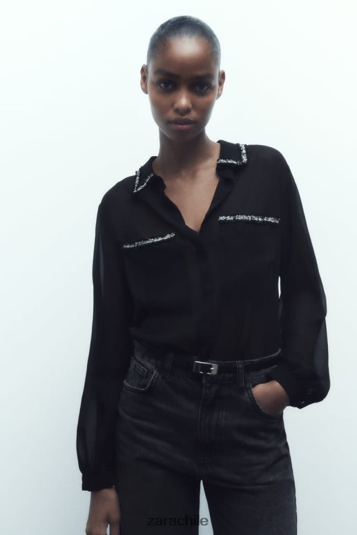 ropa cl Zara mujer camisa con textura combinada negro JJ06N4326
