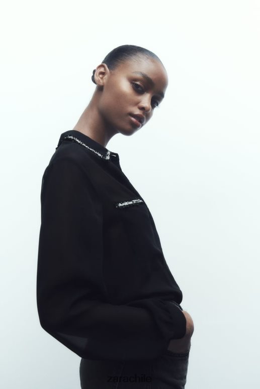 ropa cl Zara mujer camisa con textura combinada negro JJ06N4326