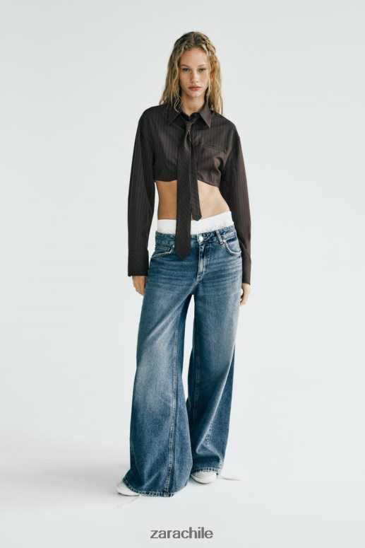 ropa cl Zara mujer camisa corta a rayas con corbata marrón/azul JJ06N4422