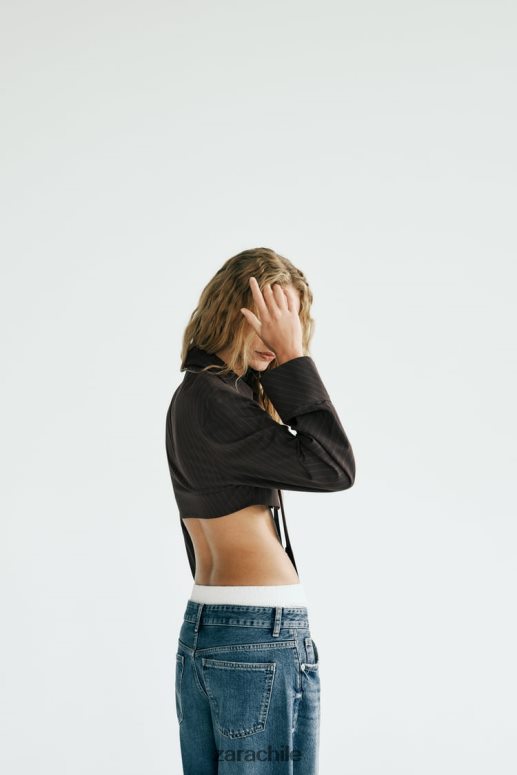 ropa cl Zara mujer camisa corta a rayas con corbata marrón/azul JJ06N4422