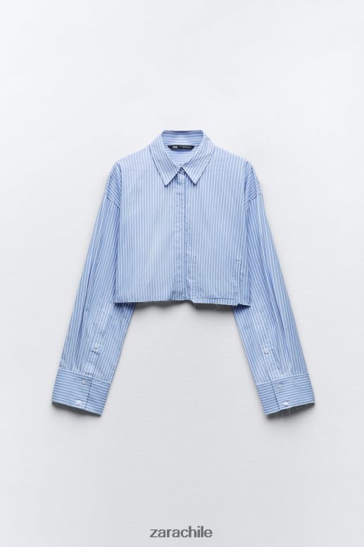 ropa cl Zara mujer camisa corta de gabardina blanco/azul cielo JJ06N4396