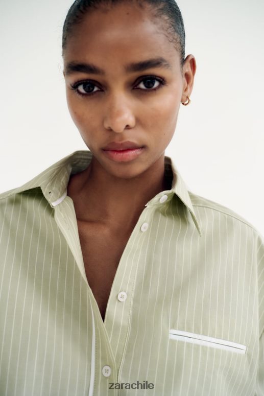 ropa cl Zara mujer camisa corta de popelina a rayas verde claro JJ06N4439