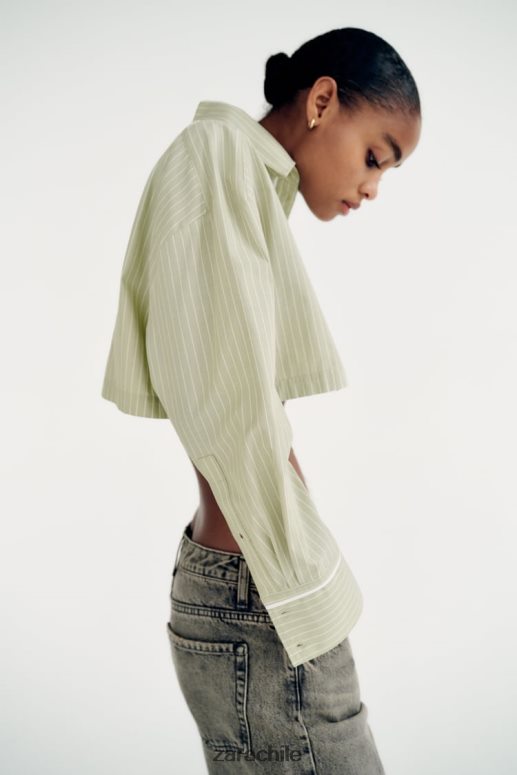 ropa cl Zara mujer camisa corta de popelina a rayas verde claro JJ06N4439