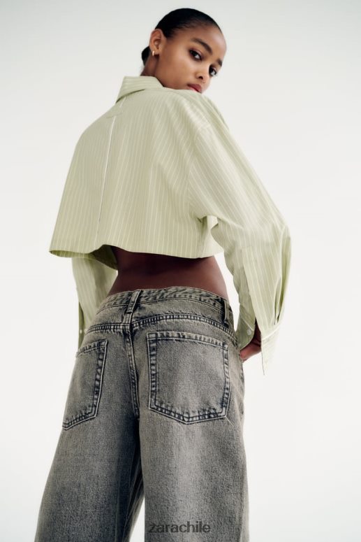 ropa cl Zara mujer camisa corta de popelina a rayas verde claro JJ06N4439