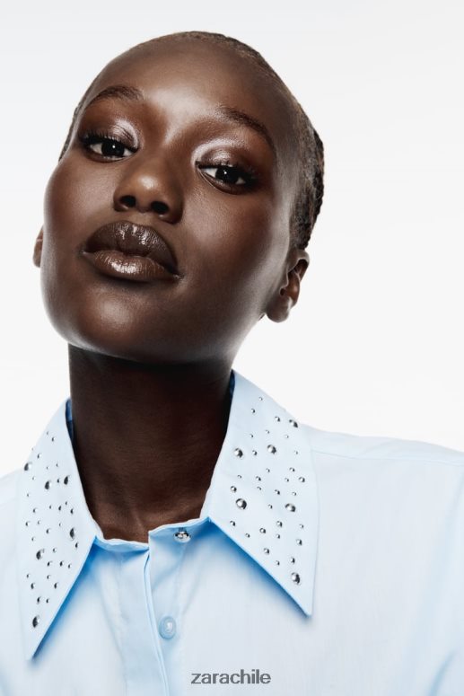 ropa cl Zara mujer camisa corta de popelina con tachuelas cielo azul JJ06N4424