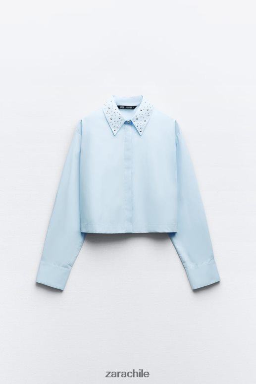 ropa cl Zara mujer camisa corta de popelina con tachuelas cielo azul JJ06N4424